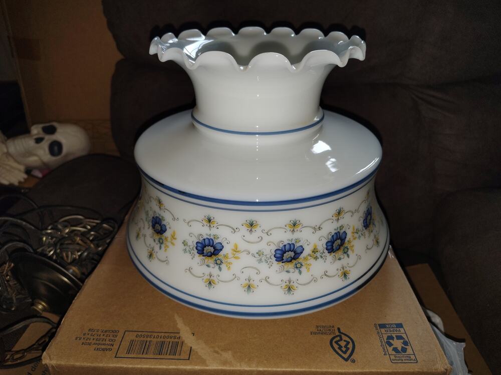 Vintage 1980s Blue Floral Milk Glass Hanging Swag Lamp Light Ruffled Shade